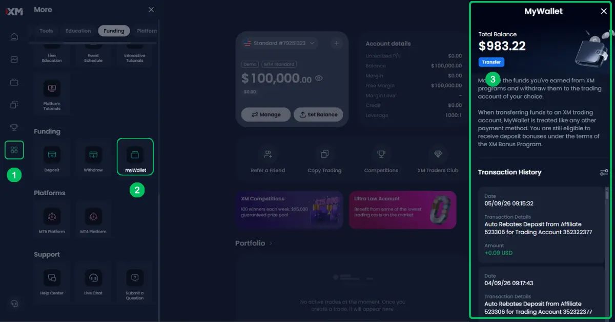XM MyWallet showing a cashback rebate balance and Auto Rebates Deposit from Affiliate transaction history